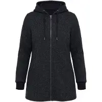 Ulla Popken - Dames - Gebreid fleece jas tekst capuchon lange mouwen - Zwart - Maat 50+