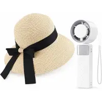 VHV - Zonnehoed en Ventilator Set - dames beige opvouwbare strohoed met brede rand en strik - Aparte handventilator - Voor strand, reizen, camping