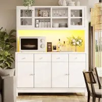 OKWISH Keukenkast - Buffetkast met RGB-LED en App-Bediening - 140 x 38,5 x 180 cm - Glazen Deuren, 4 Lades, MDF Wit