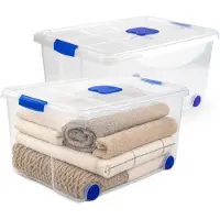 PlasticForte Opslagbox - 2x stuks - met deksel - 57L - 62 x 45 x 32 cm - transparant - opbergbak - met wielen