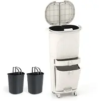 Costway Vuilnisemmer keuken, afvalscheidingssysteem, 3 vakken, 2 x 12 l binnenemmer en 14 l pedaalemmer met wielen, lade, dubbel deksel, pedaal en haken, pedaal voor keuken, badkamer, kantoor (beige)
