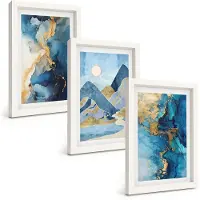 Tulup 3-Delige Schilderij Set - Blauwe bergen met abstracte patroonelementen - 20x30 - Wanddecoratie - Schilderijen Set - Kantoor - Stijlvolle Muurdecoratie
