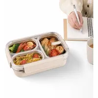 VHV - Lunchbox - Broodtrommel - Lunchbox met 3 Vakken - 304 RVS Broodtrommel - Luchtdicht & Lekvrij - Magnetronbestendige Voedselcontainer - 22.5x16.5x7 cm - Beige
