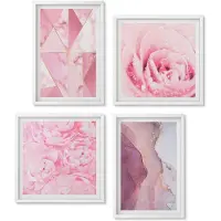 Wallfluent 4-Delige Schilderij Set - Roze Pioenrozen Met Geometrische Patronen - 40 x 40 En 40 x 60 - Wanddecoratie - Schilderijen Set - Interieur - Decoratieve Schilderijen