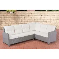 CLP Polyrattan tuinbank Minari, hoekbank met stoffen zitkussens | Moderne hoekbank voor de tuin, kleur: grijs, kussenkleur: crèmekleurig
