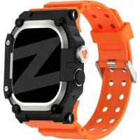 Bandz TPU bandje met case geschikt voor Apple Watch Ultra 1 / Ultra 2 / Ultra 3 - maat: 49mm - Met ingebouwde watch case - Oranje/Titanium