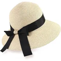 VHV - Strohoed - Dames zonnehoed met brede rand en strik - Opvouwbaar voor strand, reizen en outdoor - Beige