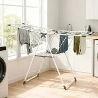 OKWISH Droogrek Opvouwbaar 1,565 M Drooglengte 2 Niveaus Verstelbare Vleugels Metaal Wit Voor Kleding En Broeken