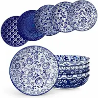 Happiq 6-delige Keramische Pastakom Set 40 oz – Grote Porseleinen Soep-, Salade- & Noodelkommen met Bloemenpatroon – Blauw/Wit