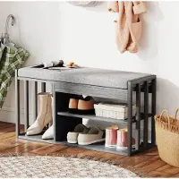 OKWISH Schoenenkast Schoenbank Met Zitkussen 3 Niveaus Open Opbergvak Voor Hal Entree Grijs Metaal Spaanplaat 86 X 30 X 45 5 Cm
