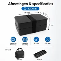 VHV - Lunchbox 1200 ml met Geïsoleerde Lunchtas en Bestek - 2 Lagen - Zwart - Voor Werk, School en Onderweg