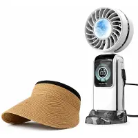 VHV - Zonnehoed en Ventilator Set - dames bruine opvouwbare zonneklep met paardenstaart opening - Aparte handventilator - Voor strand, reizen, bureau