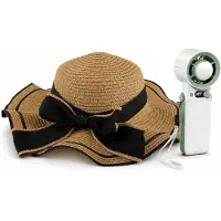 OEM - Zonnehoed en Ventilator Set - dames bruine strandhoed met brede rand en strik - Aparte handventilator - Voor strand, reizen, bureau