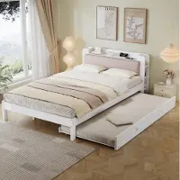 STILVORA Bed 120x200 cm – Met Uittrekbed 90x190 cm – Hoofdbord Met Oplaadstation En Opbergvak – Zonder Matras – Hout – Wit