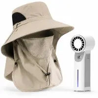 VHV - Zonnehoed en Ventilator Set - beige opvouwbare vissershoed - Aparte handventilator met mistfunctie - Voor wandelen, camping, vissen