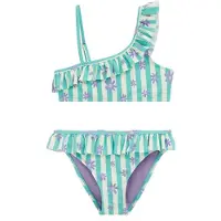 We fashion one shoulder gebloemde bikini met ruches - turquoise Blauw Meisjes Polyester - maat 158/164