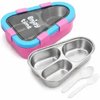 VHV - Kinderlunchbox 470 ml - Bento Broodtrommel met 3 Vakken en 304 RVS Binnenbak - Inclusief Lepel en Vork - Voor School - Roze/Blauw