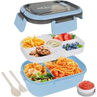 VHV -Lunchbox 1200ML - Blauwe Bento Box met Vakken - Inclusief Bestek en Sauspot - Lekvrije Maaltijdbox met Handvat - Magnetron en Vaatwasserbestendig - Voor Werk en School