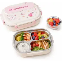 VHV - Broodtrommel - Lunchbox - Lunchbox met Vakken - RVS Binnenbak - Met Warmhoudfunctie - 4 Vakken Broodtrommel voor Kinderen - Lekvrij met Bestek - 28x20.5x8.8 cm - Cartoon Design - Roze