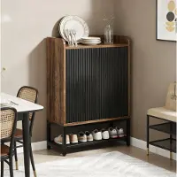 OKWISH Schoenenkast - 5 Niveaus - Staand Voor Hal - Met Deuren En Drukopening - Metaal En Spaanplaat Zwart Rustiek Bruin - 73 x 35 x 105,5 cm