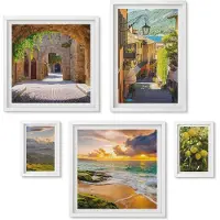 Wallfluent 5-Delige Schilderij Set - Charmante Straatjes En Pittoreske Natuurlandschappen - 50 x 50 cm, 20 x 30 cm En 40 x 60 cm - Wanddecoratie - Schilderijen Set - Interieur - Interieur Decoratie
