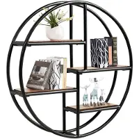 Famanu – Rond wandrek met een diameter van 55 cm, hangrek met 4 planken in industriële stijl, van metaal en hout, zwart