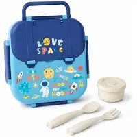 VHV - Kinderlunchbox met 3 Vakken - Broodtrommel met Bestek en Sausbakje - Geschikt voor Magnetron met Handvat voor School en Onderweg - Blauw Ruimtevaart