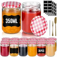NaiZy Mini Weckpotten Set 36 stuks 350 ml - Rond Transparant Glas met Metalen Deksel - Luchtdichte Mason Jar voor Honing, Kruiden en Marmelade - Rood & Wit Geruit -