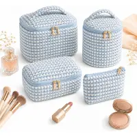 VHV - Toilettas - Toilettas dames - Weekendtas - Make-uptasje - Toilettas set van 4 - Cosmetica tasje - Bloemenprint - Grote capaciteit - Voor op reis en vakantie - Blauwe stippen