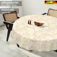 ANRO Tafelkleed Bloemen en vogels Beige Rond Ø140cm Met sierband Afwasbaar Waterafstotend