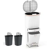 Costway Vuilnisemmer keuken, afvalscheidingssysteem, 3 vakken, 2 x 12 l binnenemmer en 14 l pedaalemmer met wielen, lade, dubbel deksel, pedaal en haken, pedaal voor keuken, badkamer, kantoor (wit)