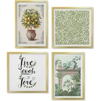 Wallfluent 4-Delige Schilderij Set - Groene bladeren, letters en exotische planten, citroenboom - 40 x 40 cm en 40 x 60 cm - Decoratieve Schilderijen - Woonkamer - Interieur - Woonkamer Decoratie