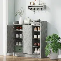 OKWISH Schoenenkast - 12 Paar - 2 Openslaande Deuren En 4 Open Vakken - Voor Hal En Inkomhal - Grijs Hout - 83x30x90 Cm