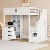 HAUSS SPOLE Hoogslaper 90x200 cm - Met Veiligheidshekje Met Raam, Bureau, Kasten En Lades - Omkeerbare Opbergtrap - Hout - Wit - Zonder matras