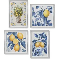 Wallfluent 4-Delige Schilderij Set - Citroenen aan takken met blauwe bladeren. - 40 x 40 cm en 40 x 60 cm - Wanddecoratie - Muurdecoratie - Moderne Interieurdecoratie - Woonkamer Decoratie