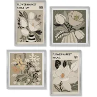 Wallfluent 4-Delige Schilderij Set - Kingston Seoul Bloemen Retro Stijl Illustraties - 40 x 40 cm En 40 x 60 cm - Muurdecoratie - Interieur Decoratie - Woonkamer Decoratie