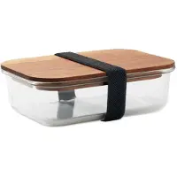 Midocean Lunchbox van glas met acaciahouten deksel en RPET elastieksluiting. Inhoud: 800ml FSC-certified Helder Glas