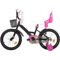 Happiq Kinderfiets – Voor meisjes 3–10 jaar – Met zijwieltjes, streamers, mand en poppenzitje – Black-16 Inch