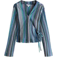 Next - Dames - Wikkeltop met lange mouwen, glinsterende gebreide look en strik aan de voorkant - Blauw