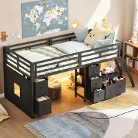STILVORA hoogslaper, 90x200 cm, met 7 lades, kinderbed met LED-verlichting, halfhoog bed met opbergruimte, zwart