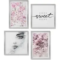 Wallfluent 4-Delige Schilderij Set - Delicate Pioenrozen Portret van een Vrouw Inscriptie Thuis - 40 x 40 cm en 40 x 60 cm - Moderne Wanddecoratie - Woonkamer