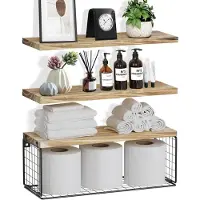 Famanu – Zwevende planken, rustieke wandplanken voor de muur, badkamerplanken boven het toilet, keukenplanken met draadopbergmand, decoratieve wandplanken voor woonkamer en kantoor