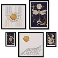 Wallfluent 5-Delige Schilderij Set - Stijlvolle Ruimtethema'S Met Insecten En Geometrische Patronen. - 50 x 50 cm, 20 x 30 cm En 40 x 60 cm - Wanddecoratie - Muurdecoratie - Moderne Interieurdecoratie