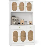 Costway Keukenkast met 2 stopcontacten en 2 USB, rotan deuren, wit