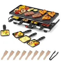 Costway Raclette-grill voor 8 personen, elektrische grill met 2-in-1 omkeerbare anti-aanbakplaat en instelbare temperatuurregeling incl. 8 pannetjes, 8 houten spatels en tang, voor thuis en feestjes