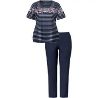 Ulla Popken - Dames - Pyjama bloemenstrepen ronde hals korte mouwen met volant - Nachtblauw - Maat 58+