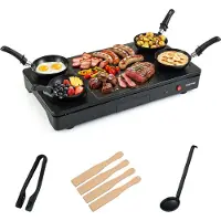 Costway Elektrische Plancha met 4 Mini Woks Antiaanbaklaag Raclette-apparaat | Grilltang, Lepel, Houten Spatels en Vetopvangbak, Elektrische Tafelgrill Binnen en Buiten