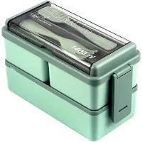 VHV -Lunchbox 1400ml - Bento Box met Bestekset - Stapelbare Maaltijdbox met 3 Vakken - Lekvrije Lunchtrommel voor Werk en School - Magnetron en Vaatwasserbestendig - Groen