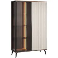 Vente-unique Vitrinekast 2 deuren met LED's in MDF en gerookt glas - Beige en Donker naturel - JANEYA