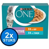 Purina One 2x - Sensitive Adult Kip, Tonijn & Wortels in Saus - Kattenvoer Natvoer - 8x85g